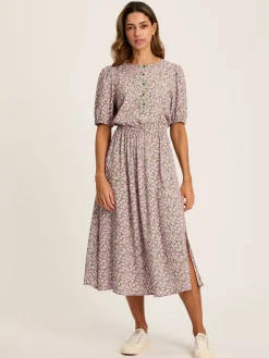 Joules Adele Green & Pink Floral Button Down Midi Dress with Slit Green&Pink