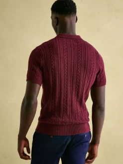 Joules Adlington Cable Knitted Polo Shirt Burgundy