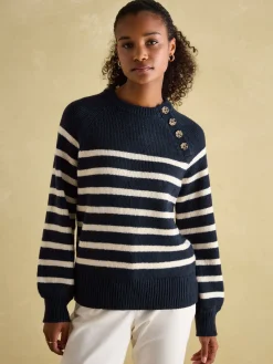 Hot Joules Agnes Striped Button Neck Jumper Navy