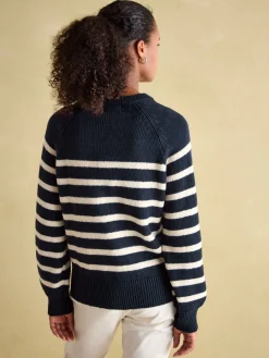 Hot Joules Agnes Striped Button Neck Jumper Navy