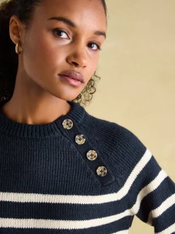 Hot Joules Agnes Striped Button Neck Jumper Navy