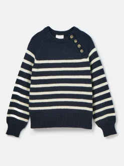 Hot Joules Agnes Striped Button Neck Jumper Navy