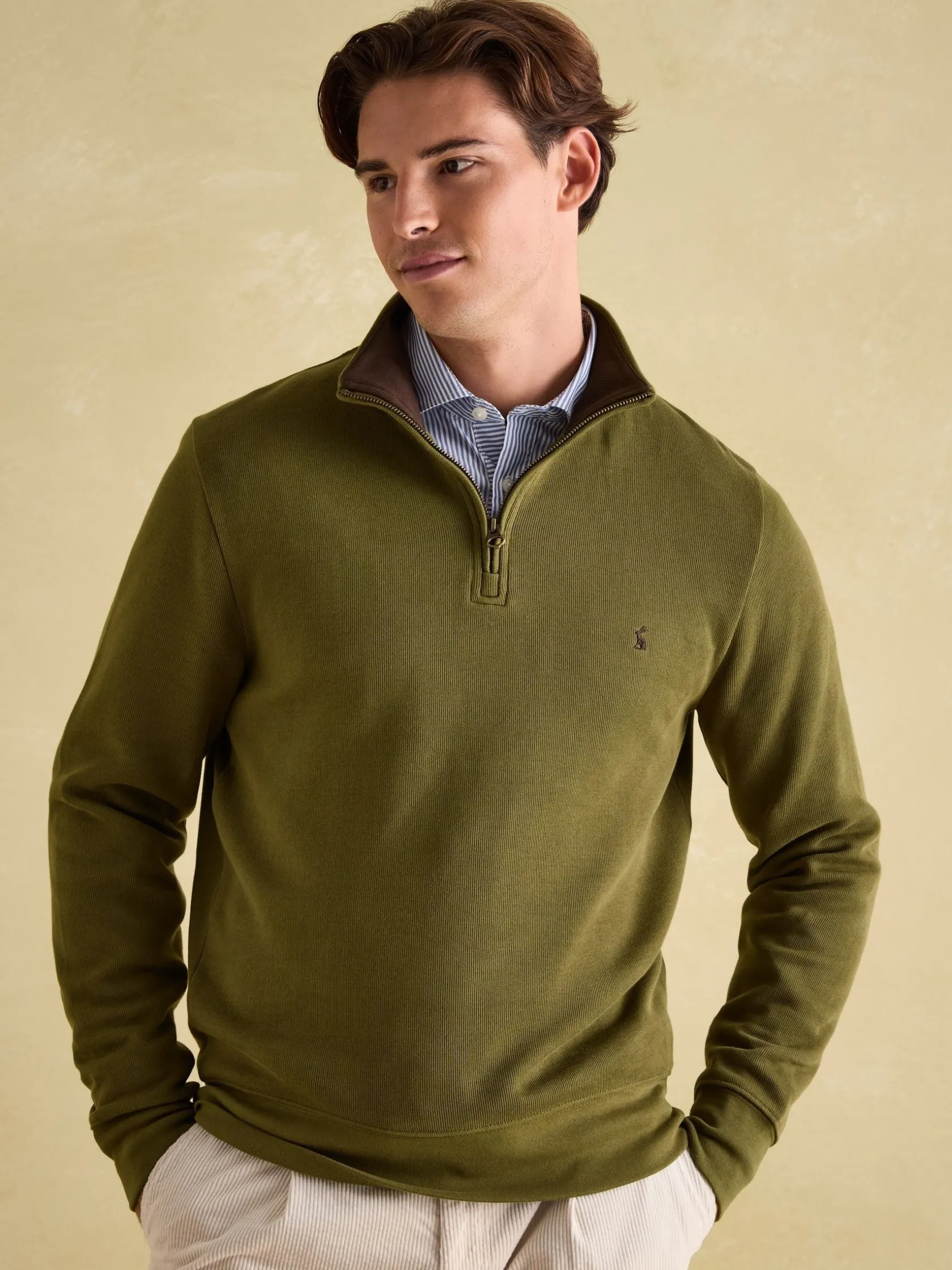 Best Joules Alistair Khaki Green Quarter Zip Cotton Sweatshirt KhakiGreen