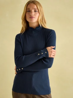 Sale Joules Amy Ribbed Long Sleeve High Neck Jersey Top Navy