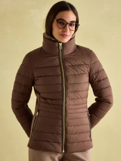 Clearance Joules Beckley Padded Showerproof Jacket with Faux Fur Trim Brown