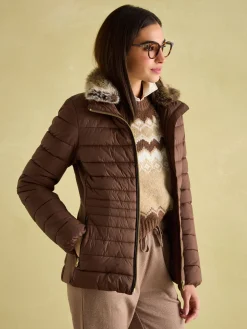Clearance Joules Beckley Padded Showerproof Jacket with Faux Fur Trim Brown