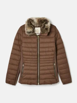 Clearance Joules Beckley Padded Showerproof Jacket with Faux Fur Trim Brown