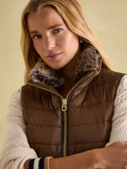 Outlet Joules Beckley Padded Showerproof Gilet With Detachable Faux Fur Collar Brown