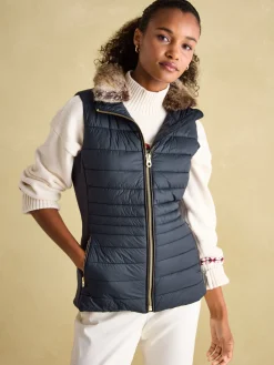 New Joules Beckley Padded Showerproof Gilet With Detachable Faux Fur Collar Navy