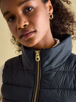 New Joules Beckley Padded Showerproof Gilet With Detachable Faux Fur Collar Navy