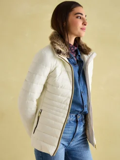 Joules Beckley Padded Showerproof Jacket with Faux Fur Trim White