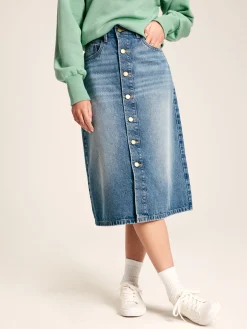 Joules Button Front Denim Midi Skirt Blue