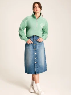 Joules Button Front Denim Midi Skirt Blue