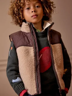 New Joules Boys' Eddington Natural & Brown Colourblock Fleece Gilet Natural&Brown