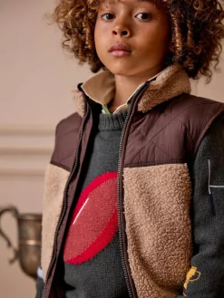 New Joules Boys' Eddington Natural & Brown Colourblock Fleece Gilet Natural&Brown
