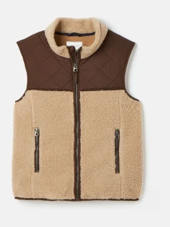 New Joules Boys' Eddington Natural & Brown Colourblock Fleece Gilet Natural&Brown