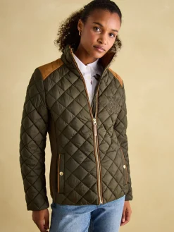 Joules Braemar Luxe Khaki Green Showerproof Diamond Quilted Coat KhakiGreen