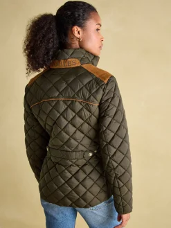 Joules Braemar Luxe Khaki Green Showerproof Diamond Quilted Coat KhakiGreen