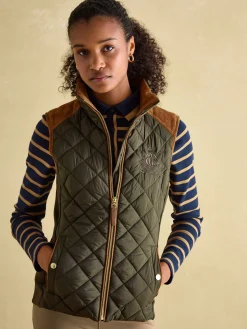 Best Joules Braemar Luxe Khaki Green Showerproof Diamond Quilted Gilet KhakiGreen