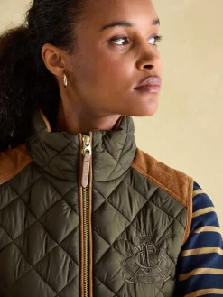 Best Joules Braemar Luxe Khaki Green Showerproof Diamond Quilted Gilet KhakiGreen