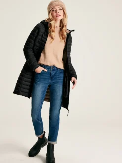 New Joules Bramley Showerproof Long Packable Padded Coat Black