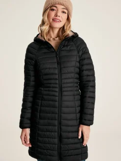 New Joules Bramley Showerproof Long Packable Padded Coat Black