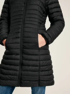 New Joules Bramley Showerproof Long Packable Padded Coat Black