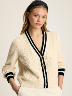 Sale Joules Centre Court Cream & Navy Button Through Cable Knit Cardigan Cream&Navy