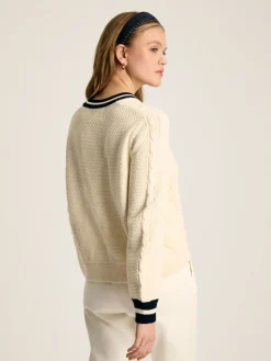 Sale Joules Centre Court Cream & Navy Button Through Cable Knit Cardigan Cream&Navy