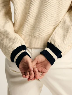 Sale Joules Centre Court Cream & Navy Button Through Cable Knit Cardigan Cream&Navy