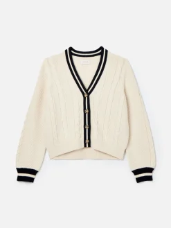 Sale Joules Centre Court Cream & Navy Button Through Cable Knit Cardigan Cream&Navy