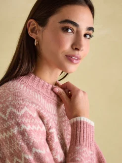 New Joules Charlotte Crew Neck Fair Isle Jumper Pink