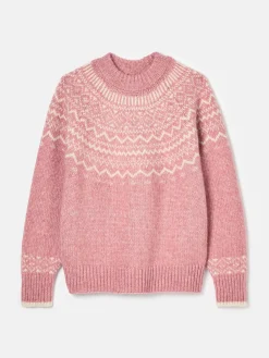 New Joules Charlotte Crew Neck Fair Isle Jumper Pink