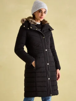 Online Joules Cherington Showerproof Longline Padded Coat with Faux Fur Hood Black