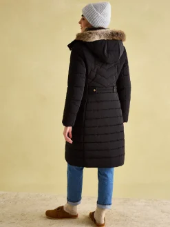 Online Joules Cherington Showerproof Longline Padded Coat with Faux Fur Hood Black