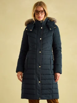 Clearance Joules Cherington Showerproof Longline Padded Coat with Faux Fur Hood Navy