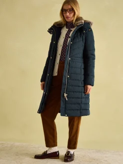 Clearance Joules Cherington Showerproof Longline Padded Coat with Faux Fur Hood Navy