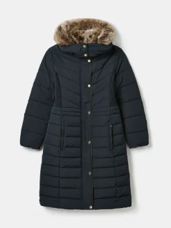 Clearance Joules Cherington Showerproof Longline Padded Coat with Faux Fur Hood Navy