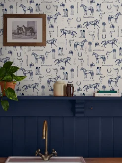 Clearance Joules Sketched Equestrian Print 10M Wallpaper Cream/Blue