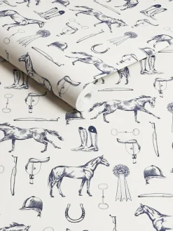 Clearance Joules Sketched Equestrian Print 10M Wallpaper Cream/Blue