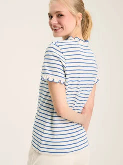 Outlet Joules Daisy Cream & Blue Short Sleeve Frilled Neck Top Cream&Blue