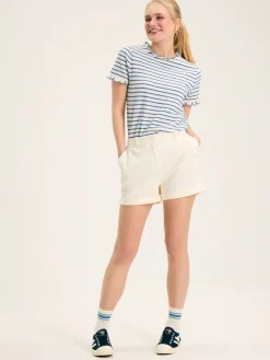 Outlet Joules Daisy Cream & Blue Short Sleeve Frilled Neck Top Cream&Blue