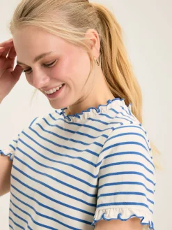 Outlet Joules Daisy Cream & Blue Short Sleeve Frilled Neck Top Cream&Blue