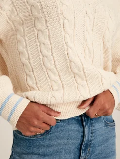 Sale Joules Dibbly Cream & Blue Cable Knit Cricket Jumper Cream&Blue