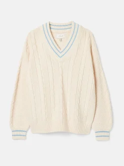 Sale Joules Dibbly Cream & Blue Cable Knit Cricket Jumper Cream&Blue