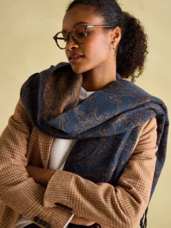 New Joules Elissa Navy & Camel Double-Sided Jacquard Scarf Navy&Camel