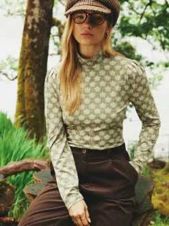 Clearance Joules Elizabeth Green Floral High Neck Jersey Top GreenFloral