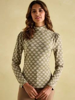 Clearance Joules Elizabeth Green Floral High Neck Jersey Top GreenFloral