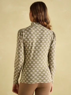 Clearance Joules Elizabeth Green Floral High Neck Jersey Top GreenFloral