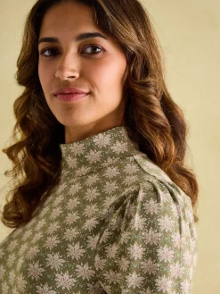 Clearance Joules Elizabeth Green Floral High Neck Jersey Top GreenFloral